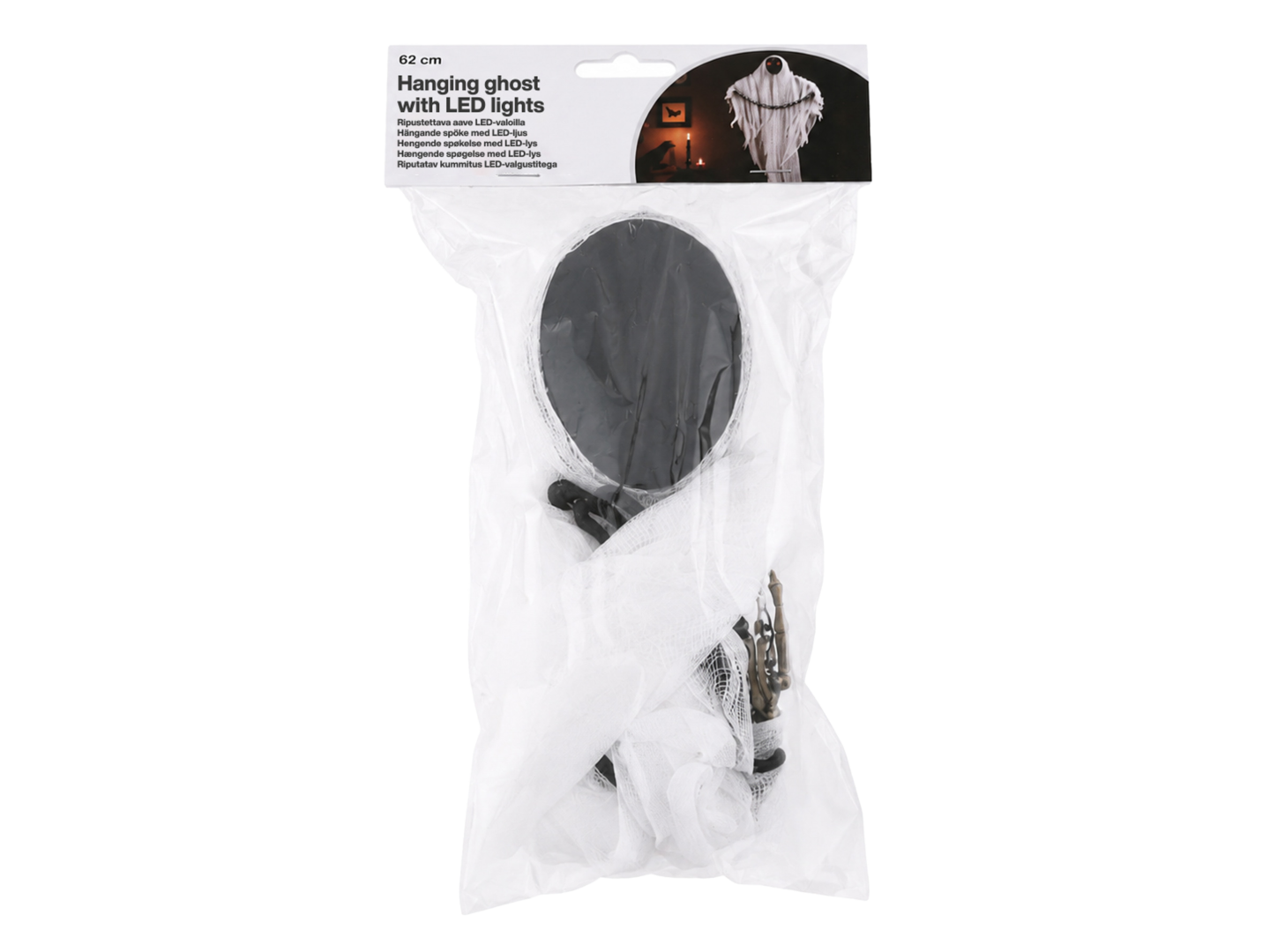 Ripustettava valkoinen aave ​LED-valolla 62 cm