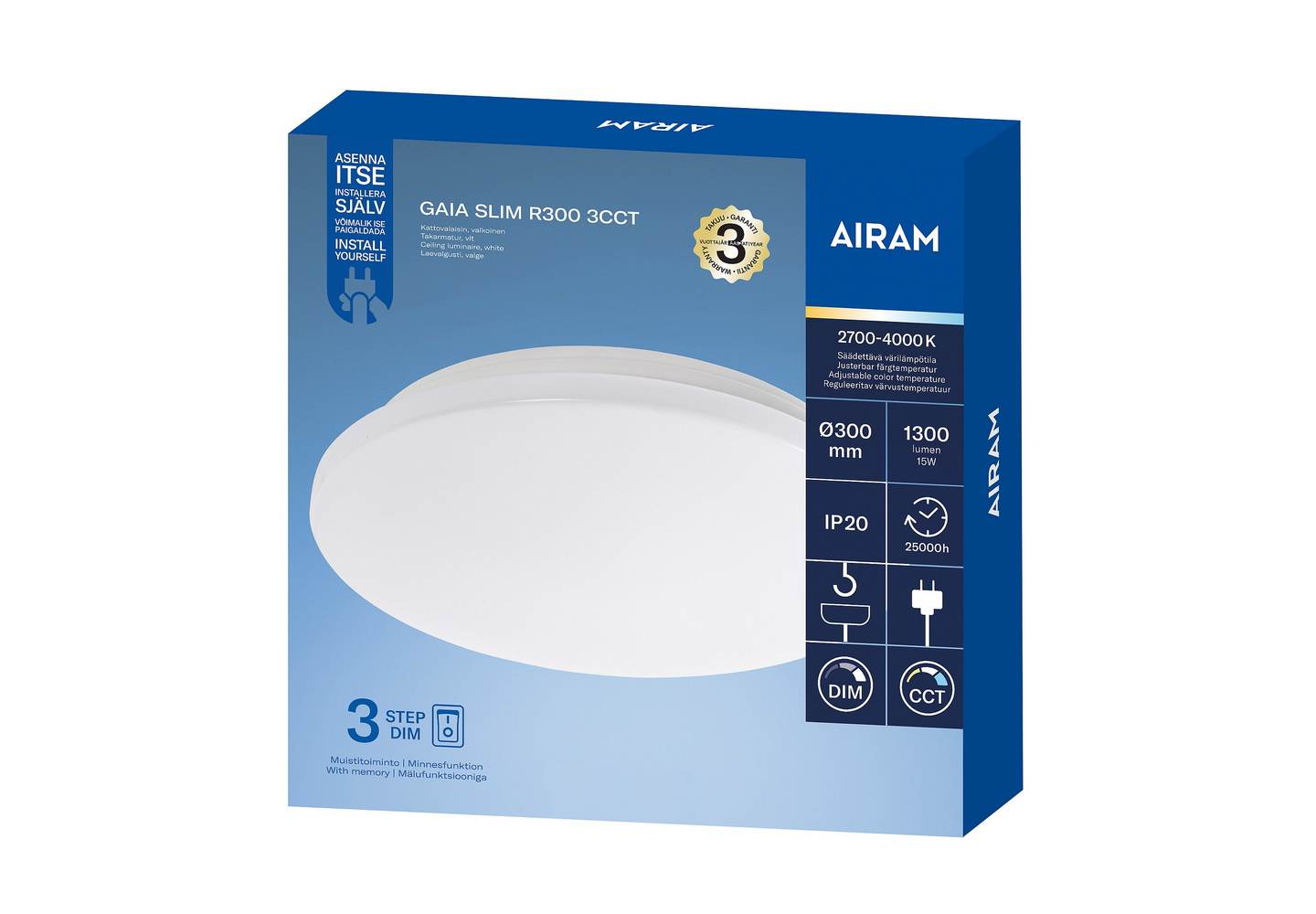 Airam Gaia Slim R300 LED-plafondi 15W 3CCT 3-step himmennettävä