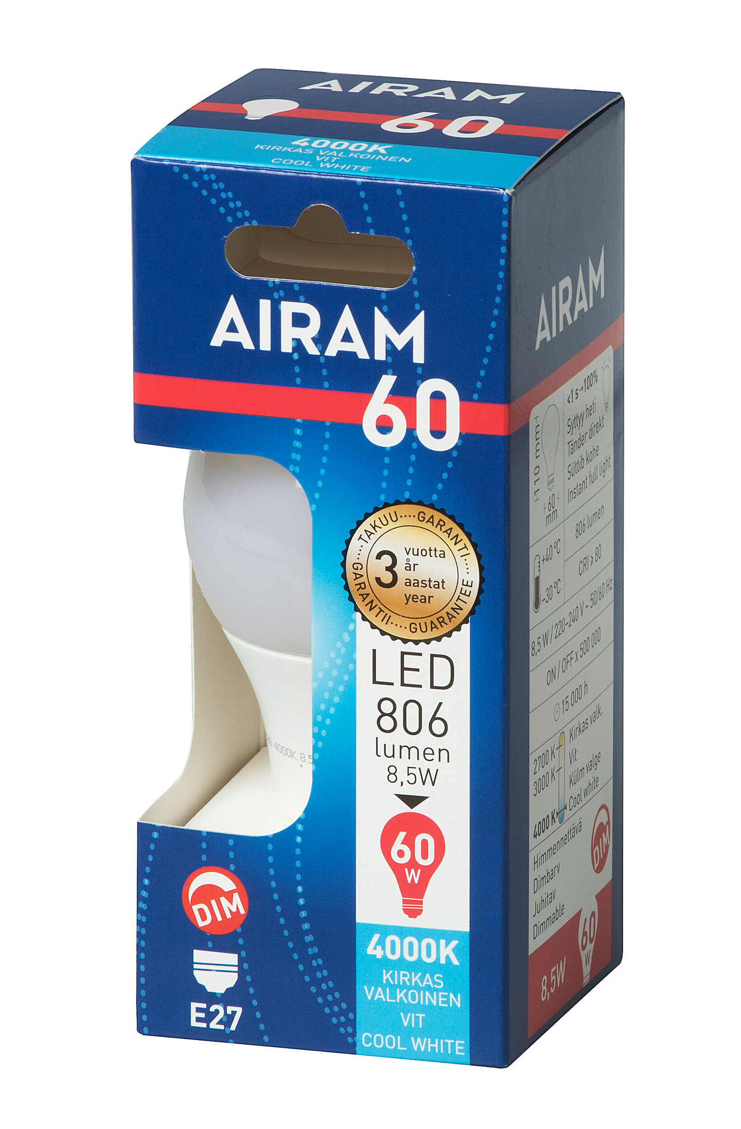 Airam LED vakio E27 806lm him. 4000K