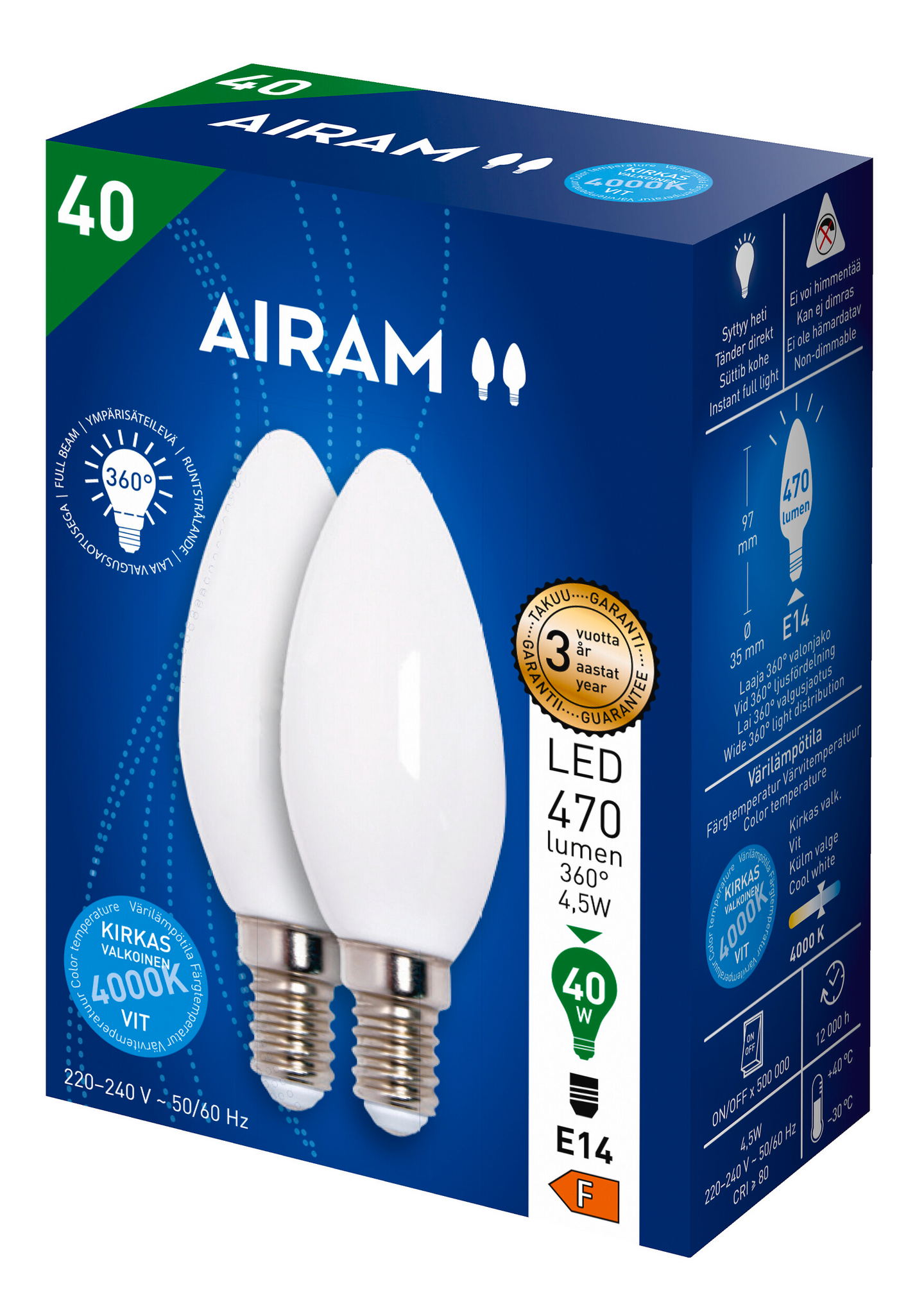 Airam Otso LED kynttiläkupu E14 470lm 2kpl