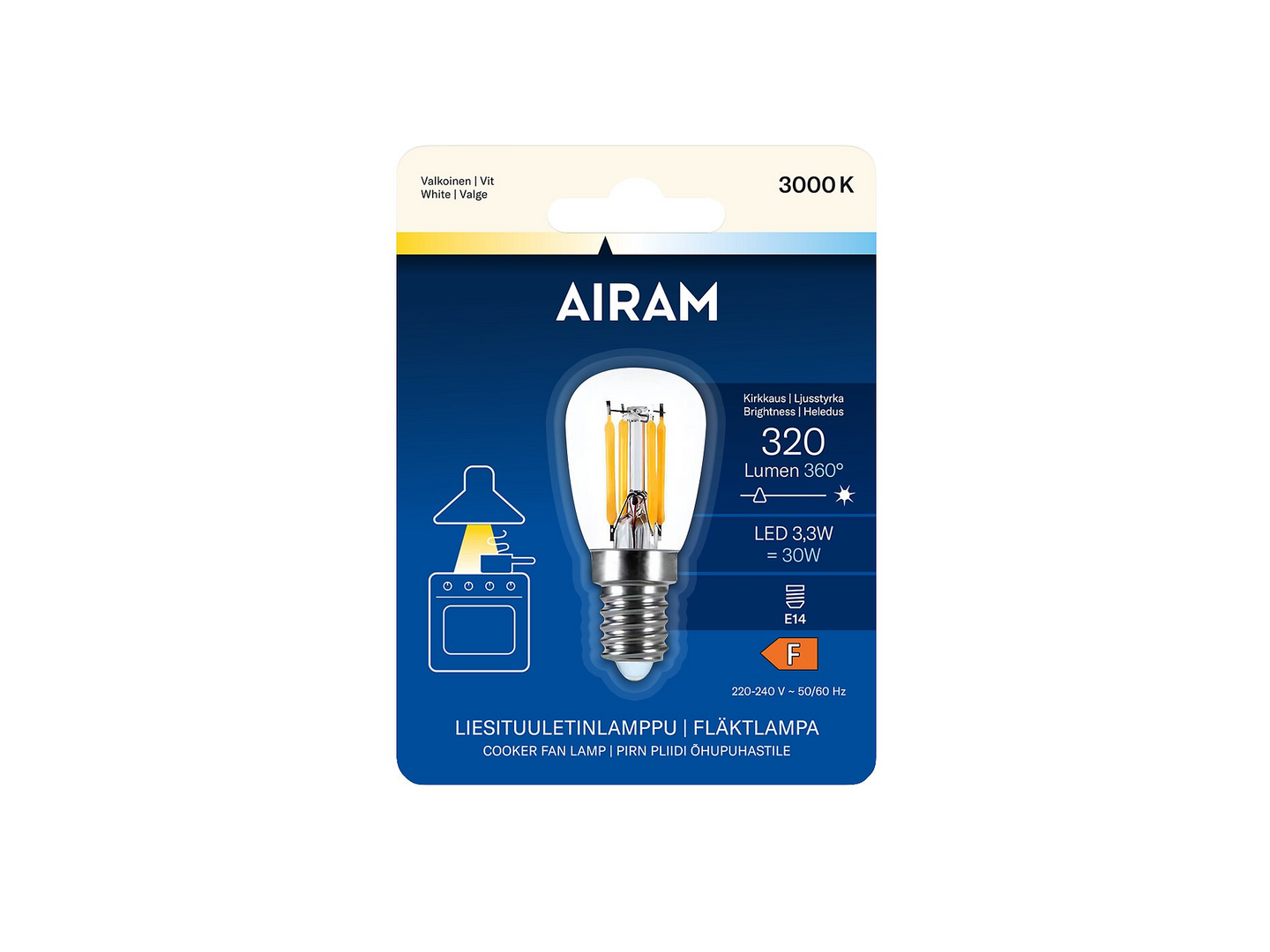 Airam kirkas led-lamppu liesituuletin E14 3000K 320lm