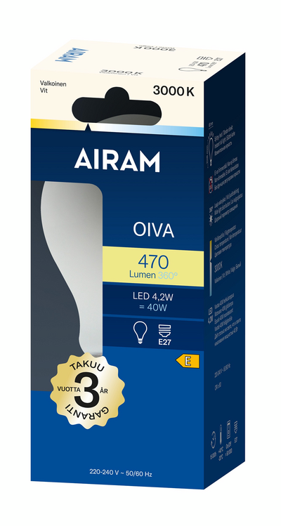 Airam Oiva LED vakio E27 3000K 470lm