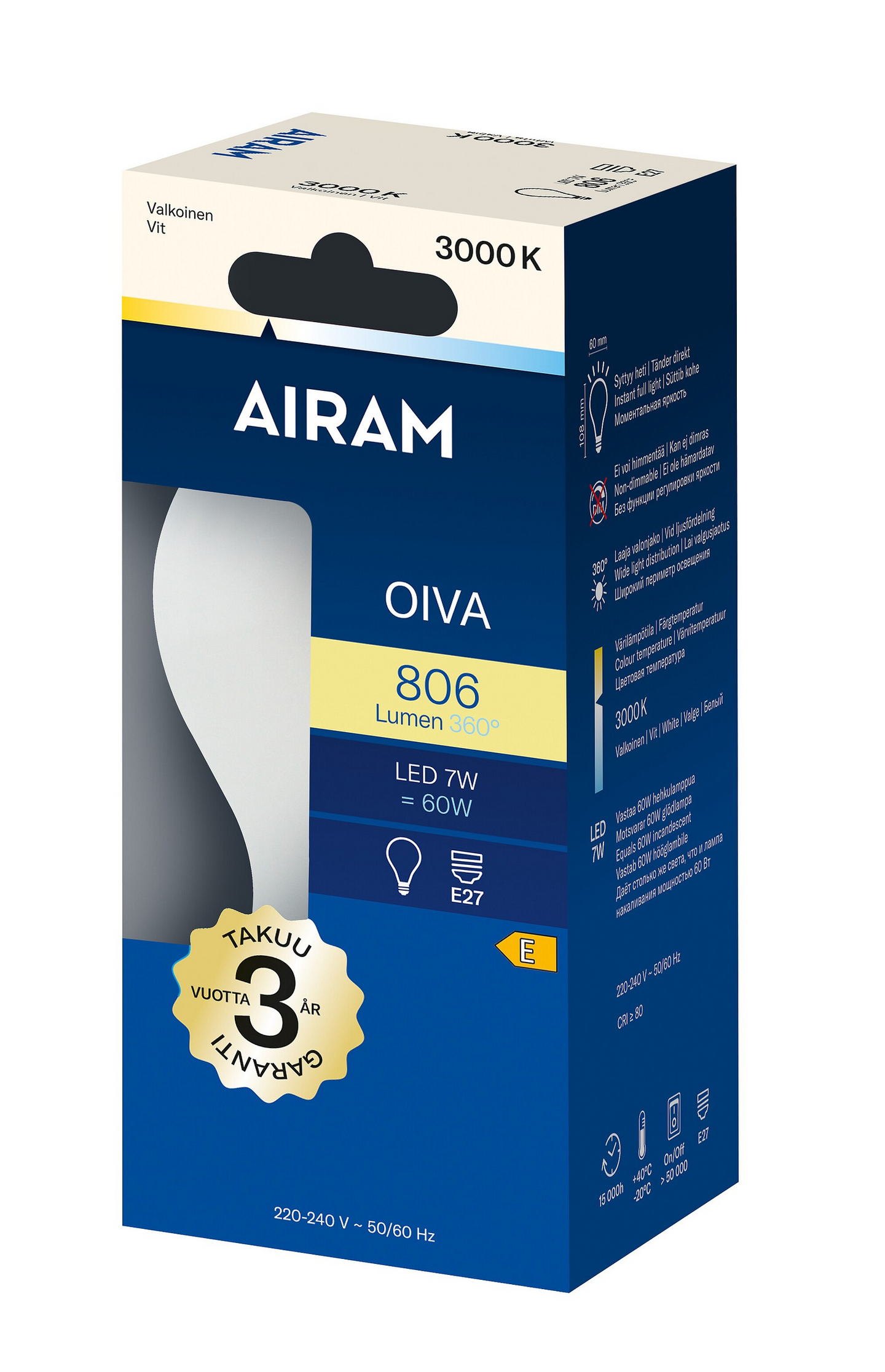 Airam Oiva LED vakio E27 3000K 806lm