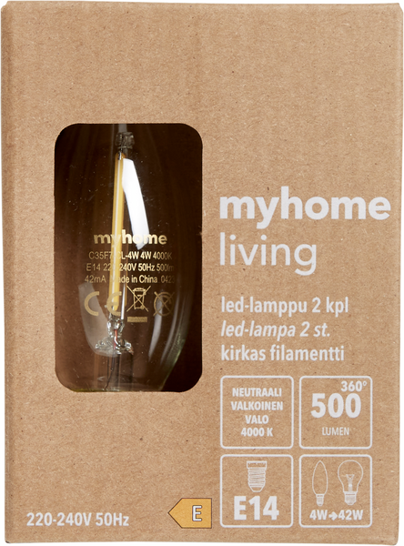 myhome LED kynttilälamppu E14 500lm filamentti 2kpl