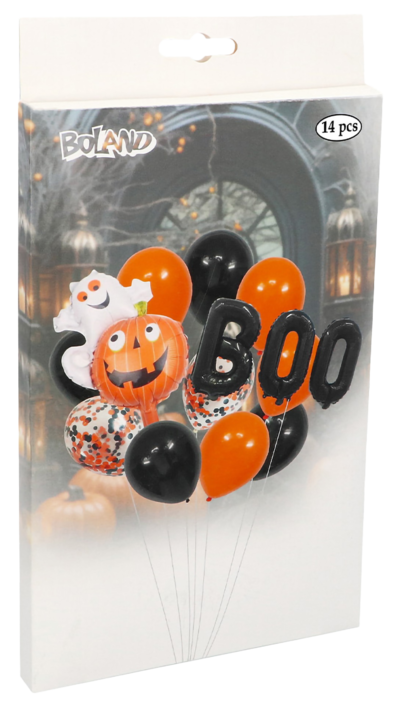 Halloween pallosetti, sis. 10 kumipalloa ja 2 foliopalloa sekä pillin ja narun