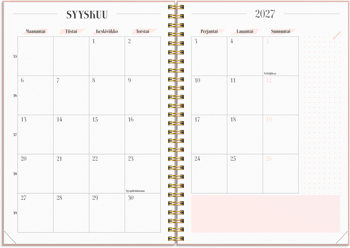 Burde Kalenteri 2027 Life Planner Pink