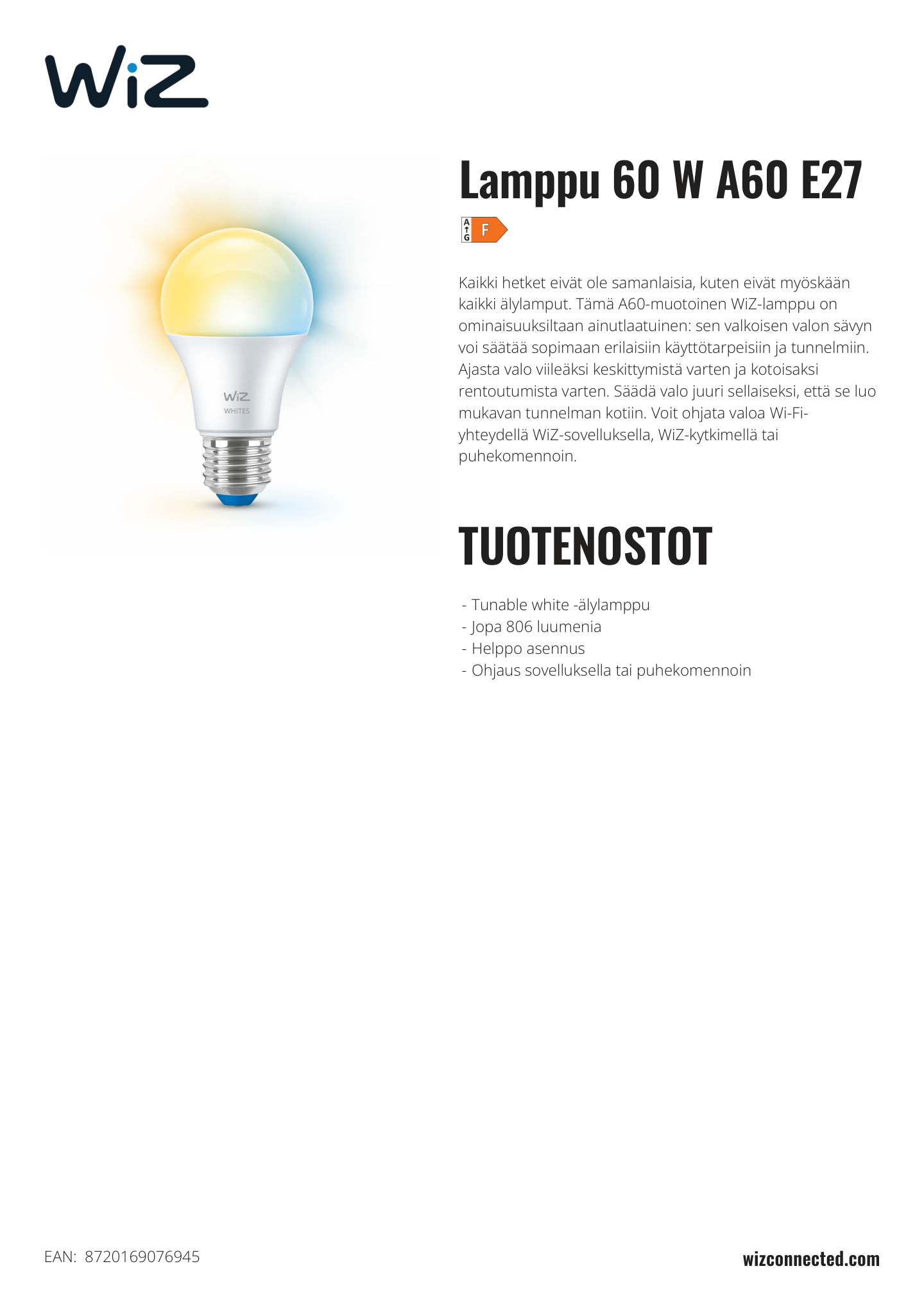 WiZ LED vakiolamppu 8W E27 TW 806lm 2700-6500K