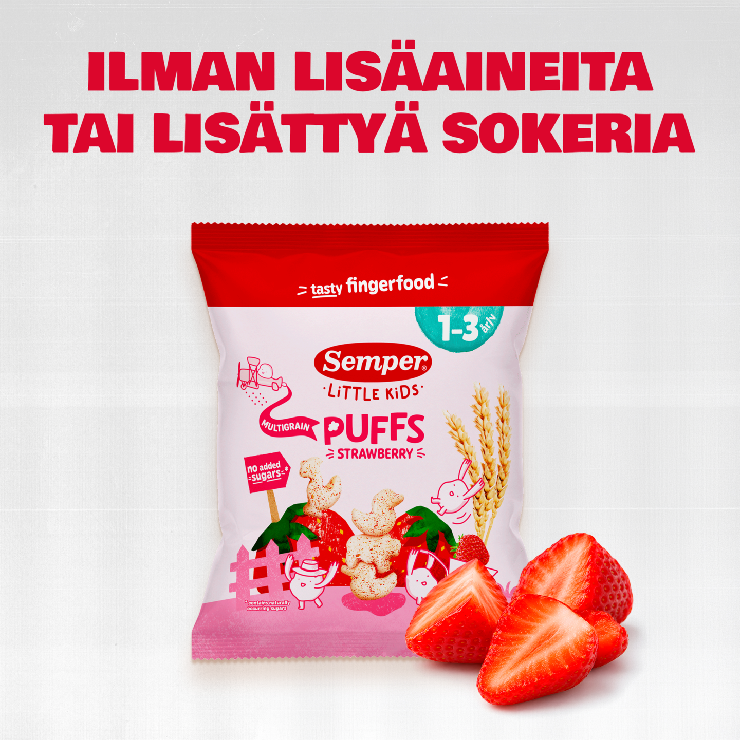 Semper Multigrain Puffs Strawberry monivilja luomunaksu 1-3v 18g