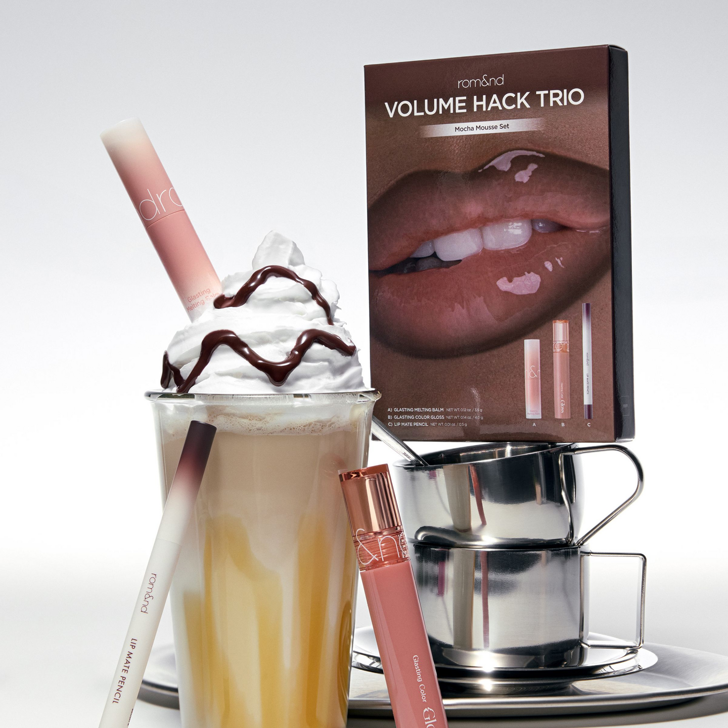 Rom&nd Volume Hack Trio Mocha Mousse huulimeikkisetti