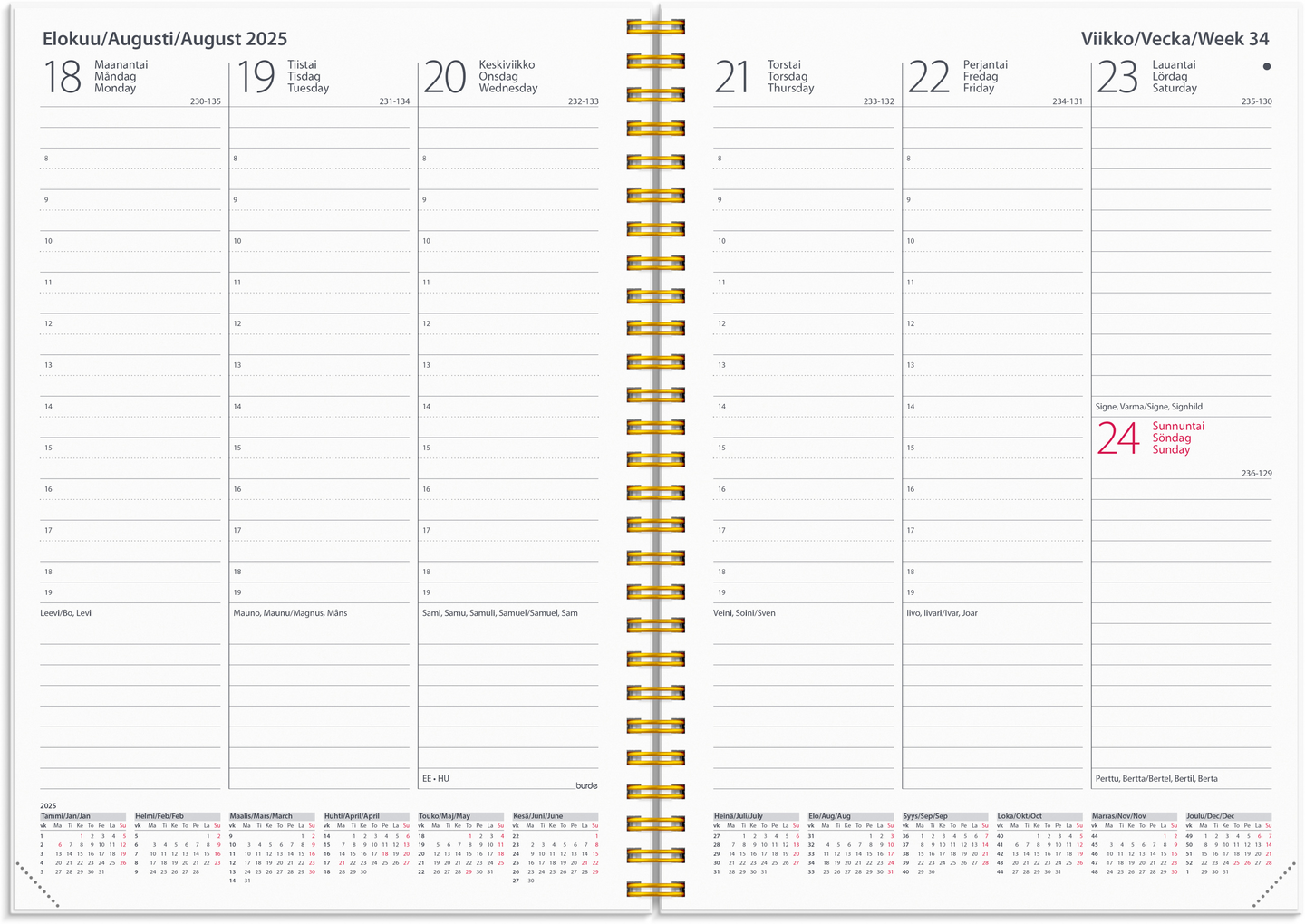 Burde Kalenteri 2025 Weekly Live, Love, Dream
