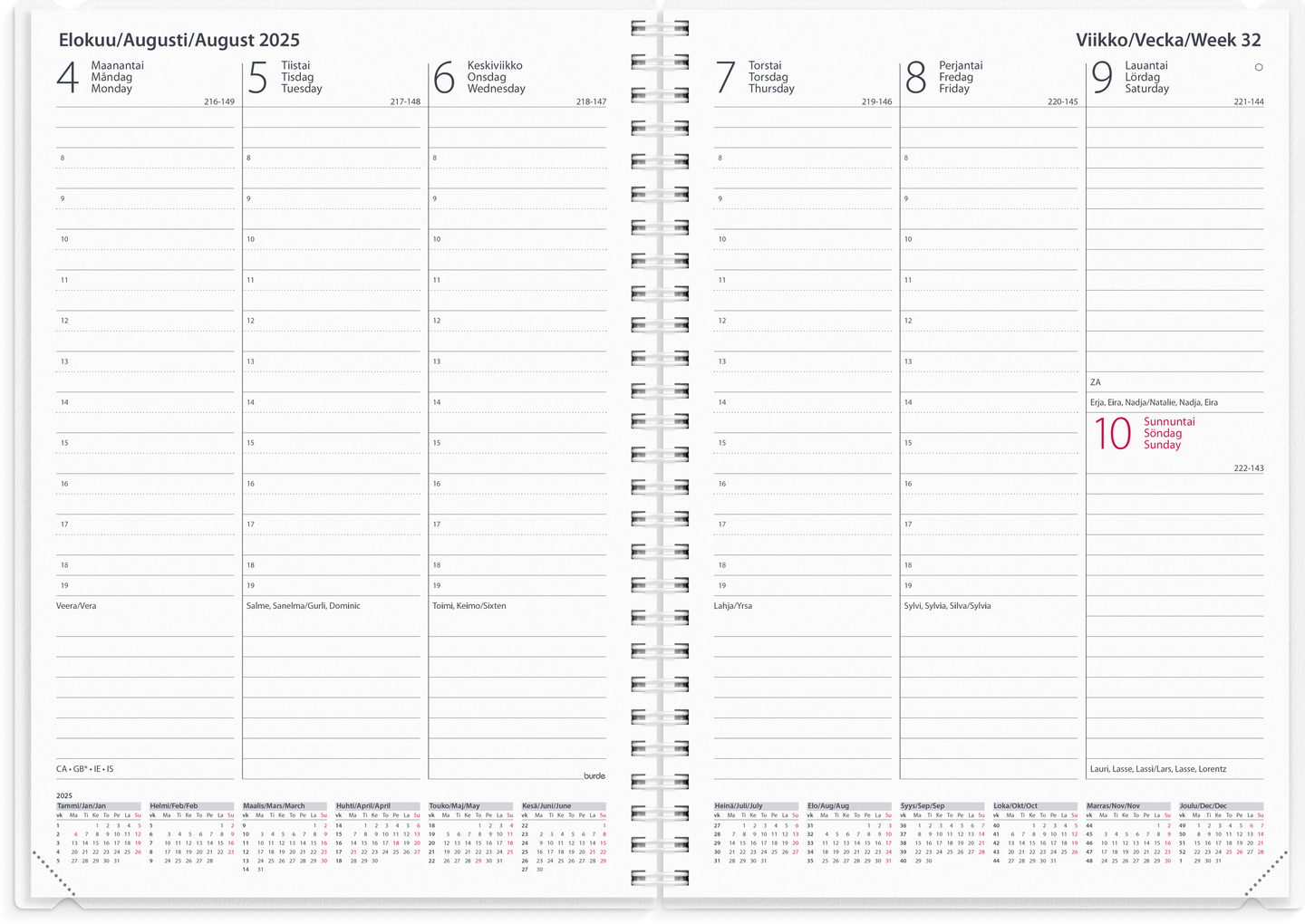 Burde Kalenteri 2025 Weekly 4 in 1