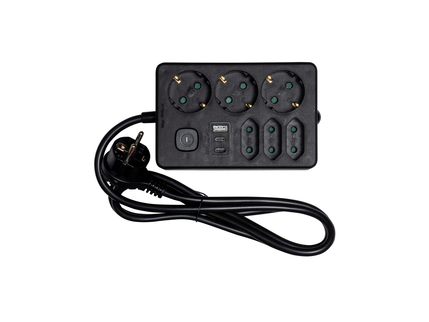 Airam 3+3 jatkojohto 3 USB + Kytkin 1,4 m musta