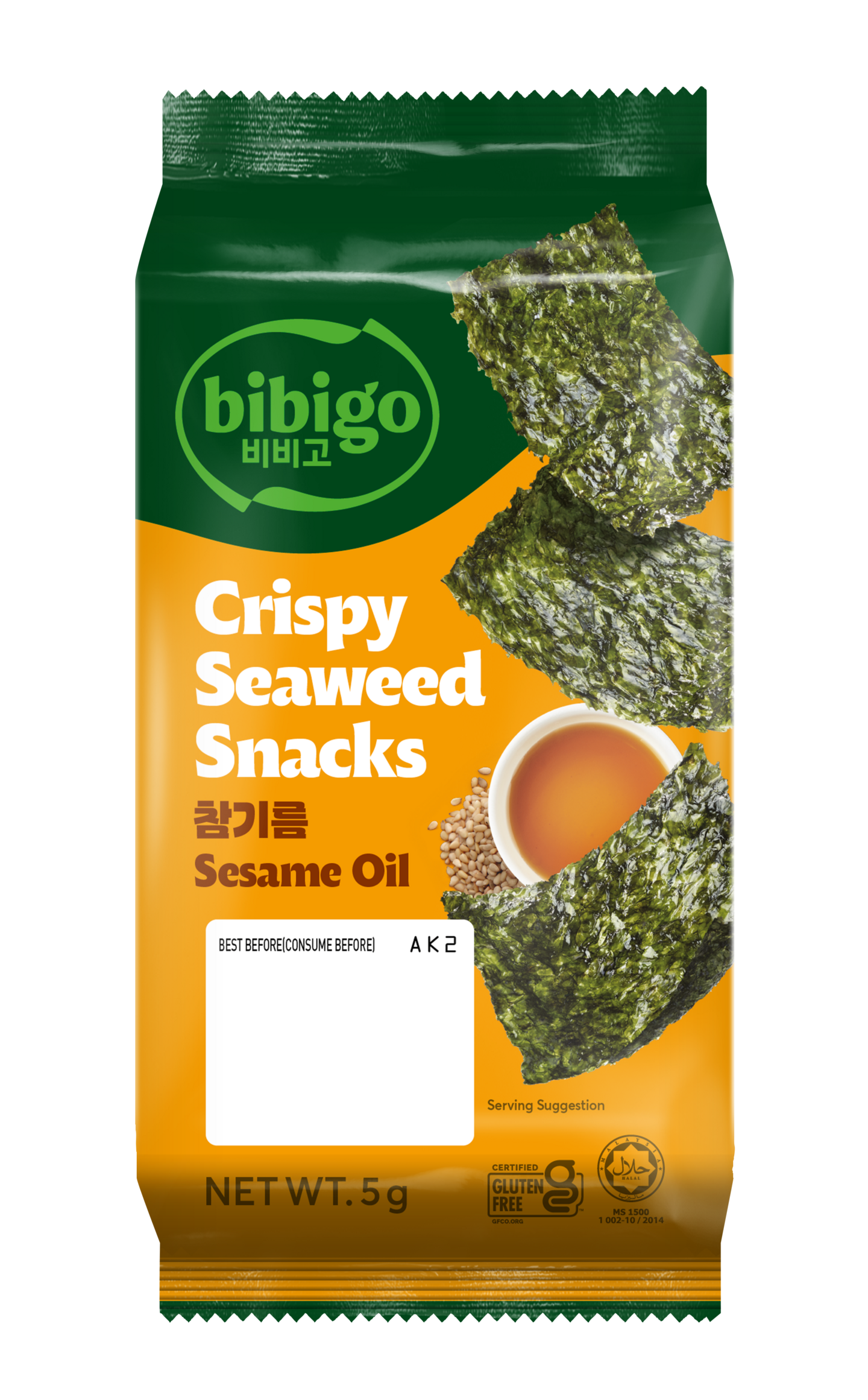 Bibigo rapea merileväsnacks 5g x 3 seesami - kevyesti paahdettu välipala