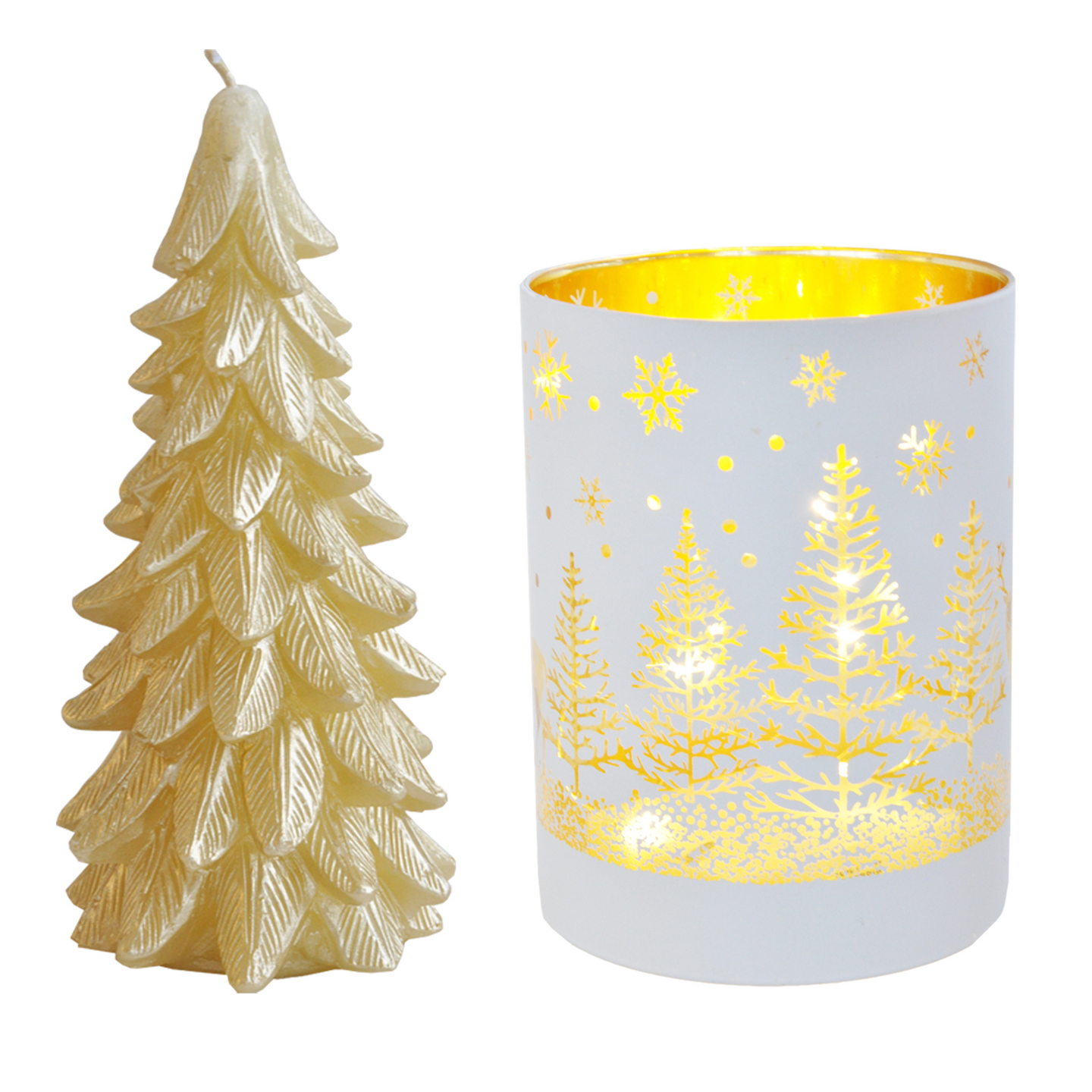 Finnmari lahjapaketti lasilyhty led-valolla 8x8x16,5cm ja kuusikynttilä 16,5cm kulta