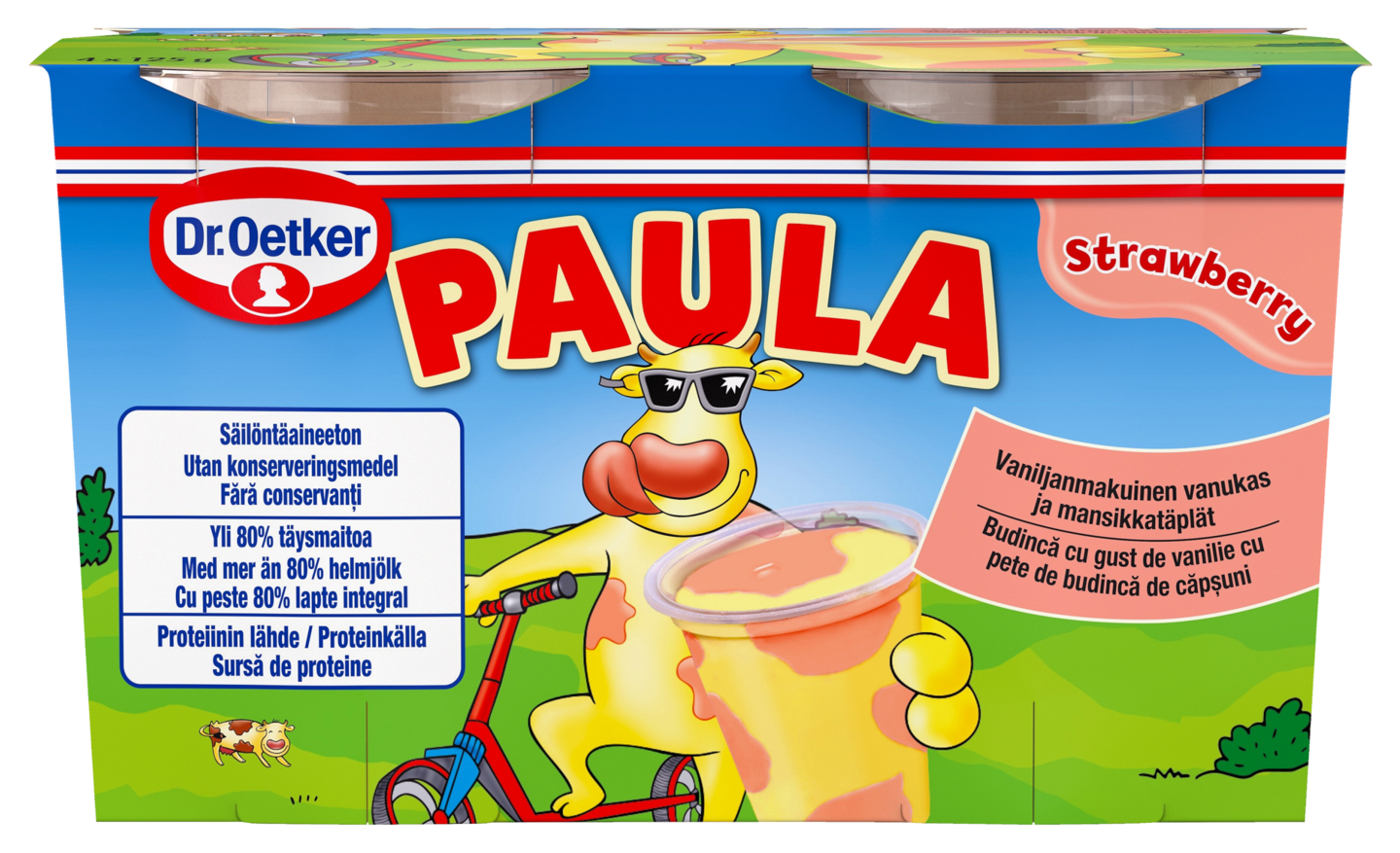 Dr. Oetker Paula vaniljanmakuinen vanukas ja mansikkavanukastäplät 4x125g