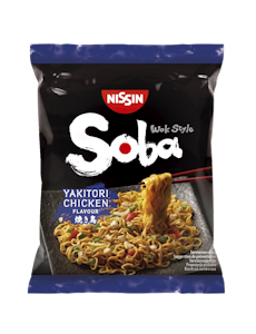 Nissin Soba Bag 110g Aasialaistyylinen pikanuudeli, yakitori kanan makuinen