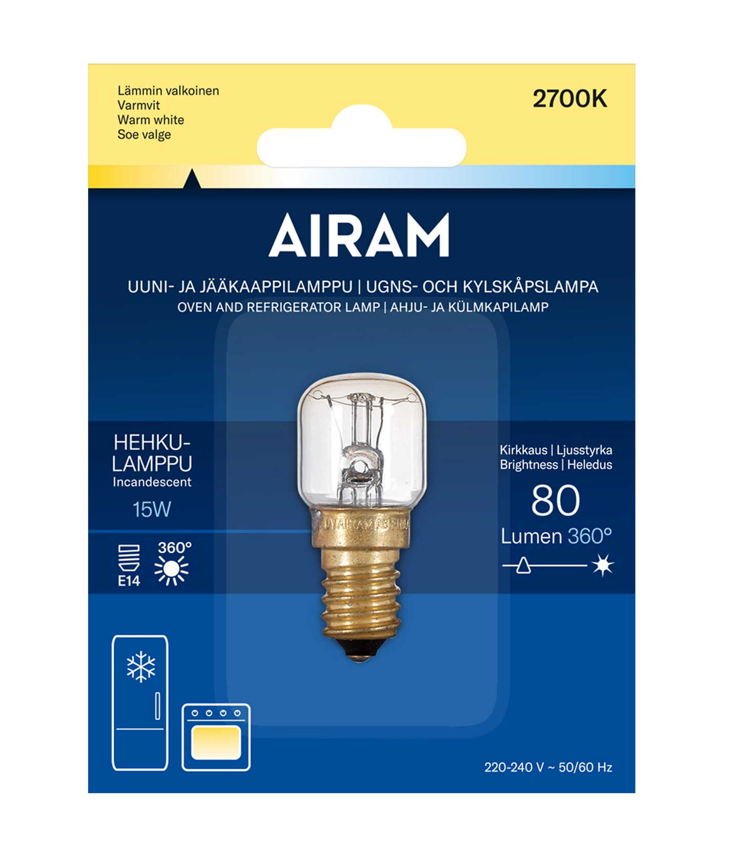 Airam uuni-jääkaappil. E14 15W 80lm