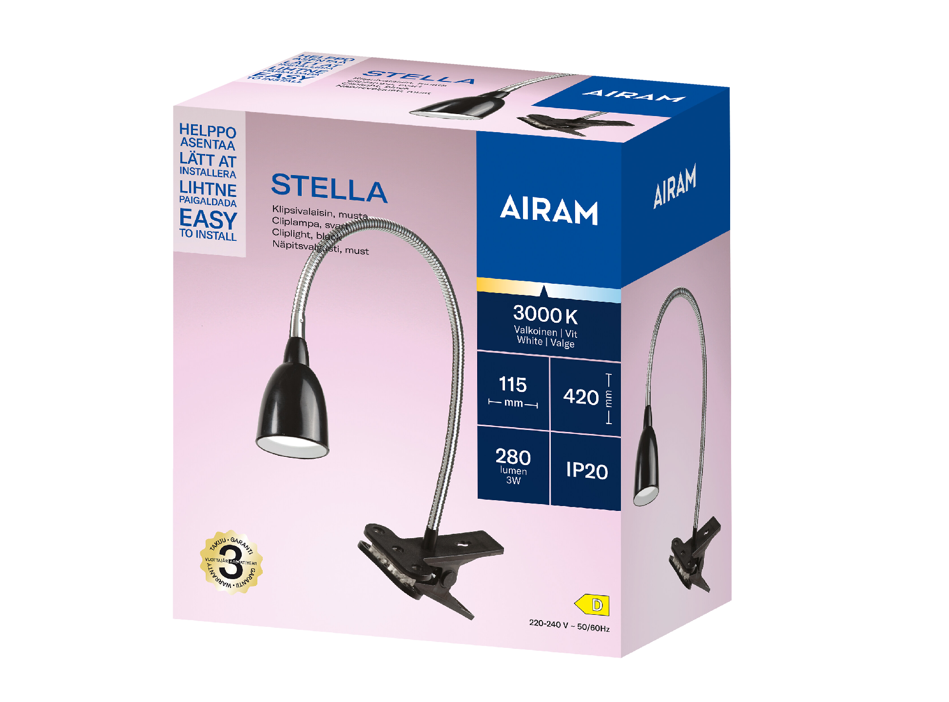 Airam Stella Clip LED-kohdevalaisin IP20 3W 280lm musta