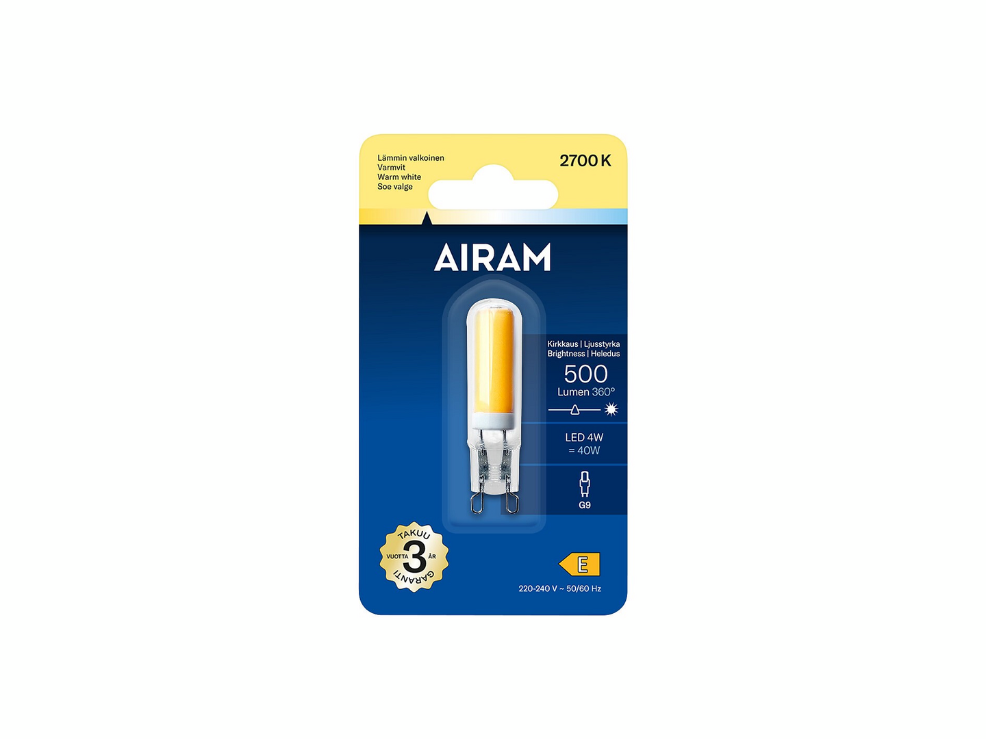 Airam LED kirkas G9 2700K 500lm lasikupu