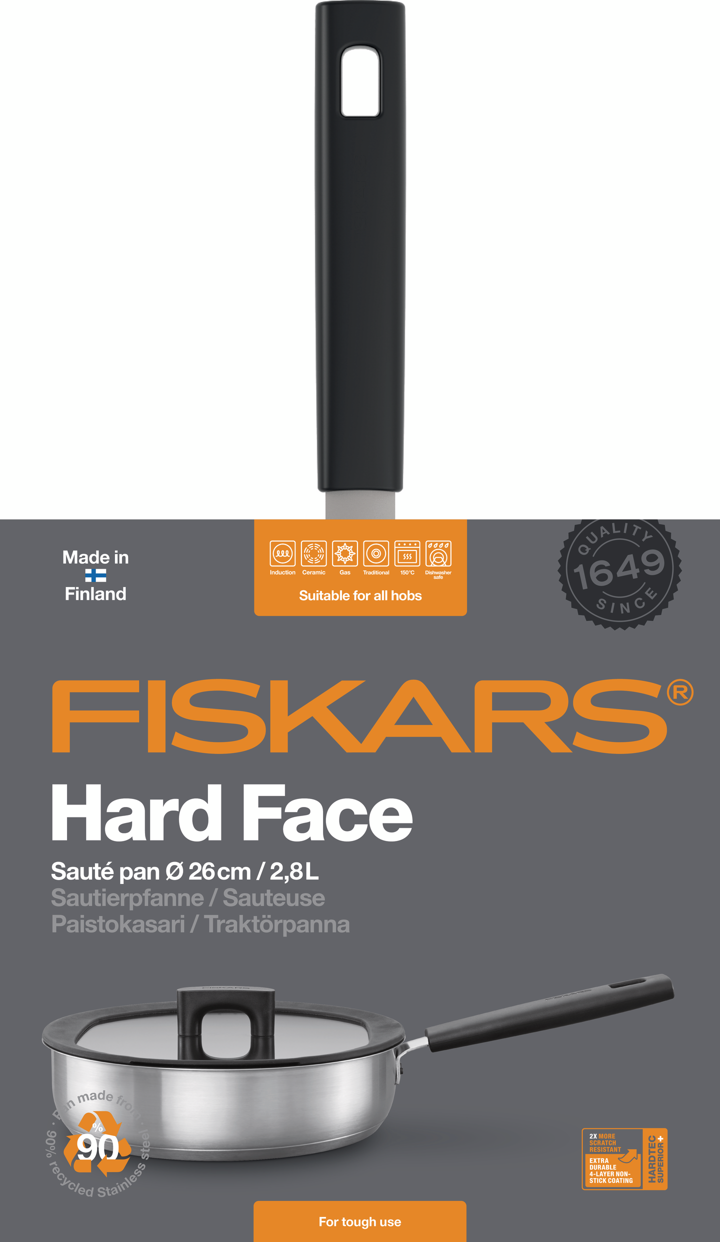 Fiskars Hard Face teräs paistokasari kannella 26cm