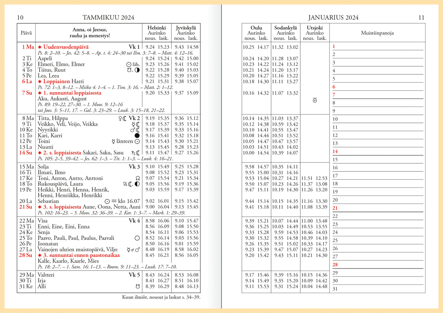 Ajasto, Yliopiston almanakka A6, taskukalenteri