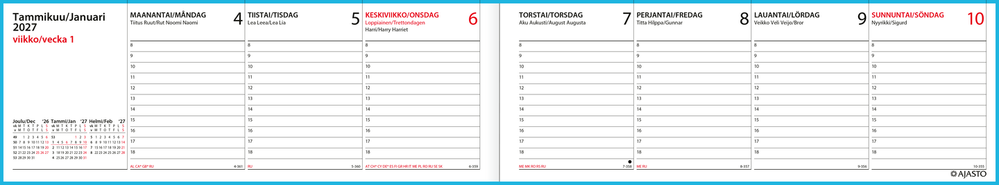 Ajasto Memo viikkomuistio pöytäkalenteri 2027, sininen