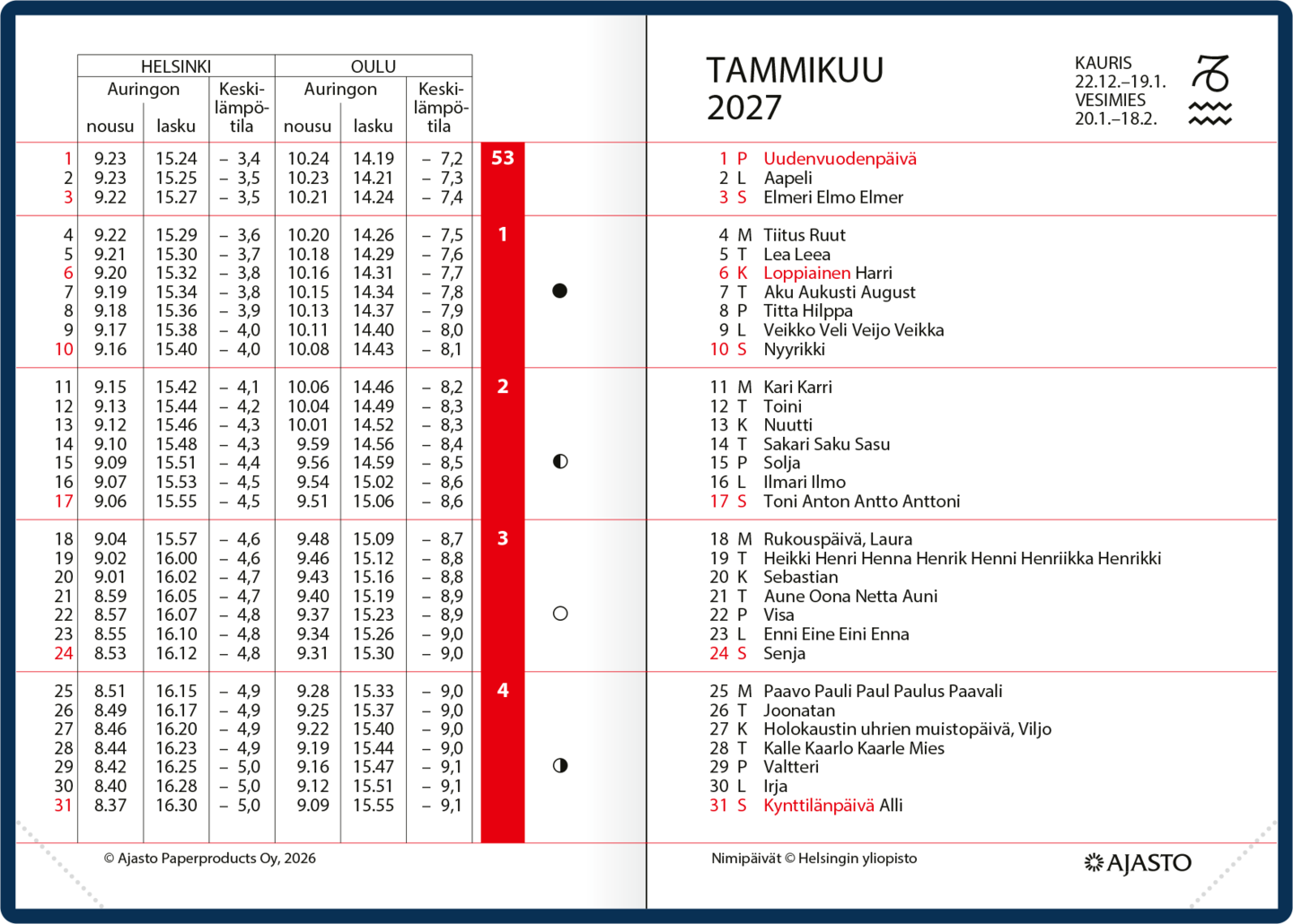 Ajasto Ajastaika taskukalenteri 2027, t.sininen