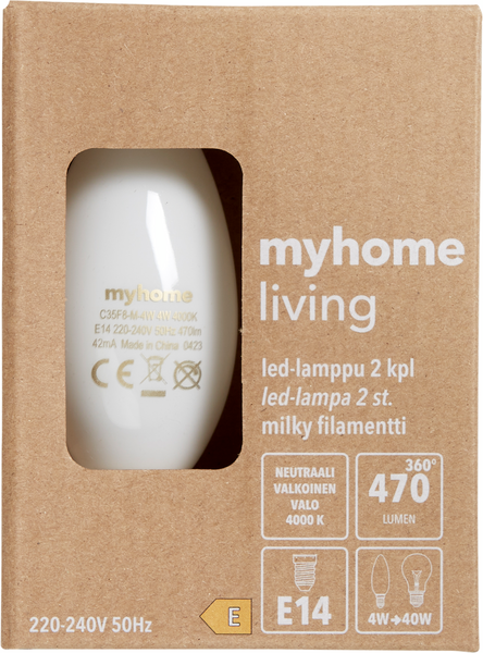 myhome kynttilälamppu LED E14 470lm milky 2kpl