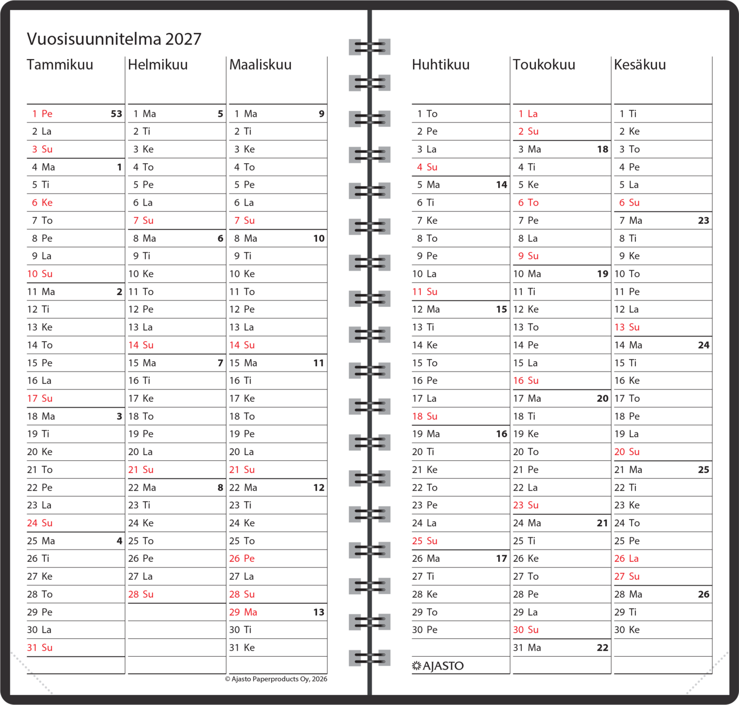Ajasto Agenda taskukalenteri 2027, musta