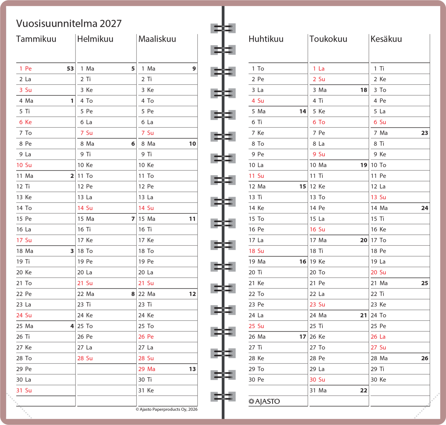 Ajasto Agenda taskukalenteri 2027, ruusukulta