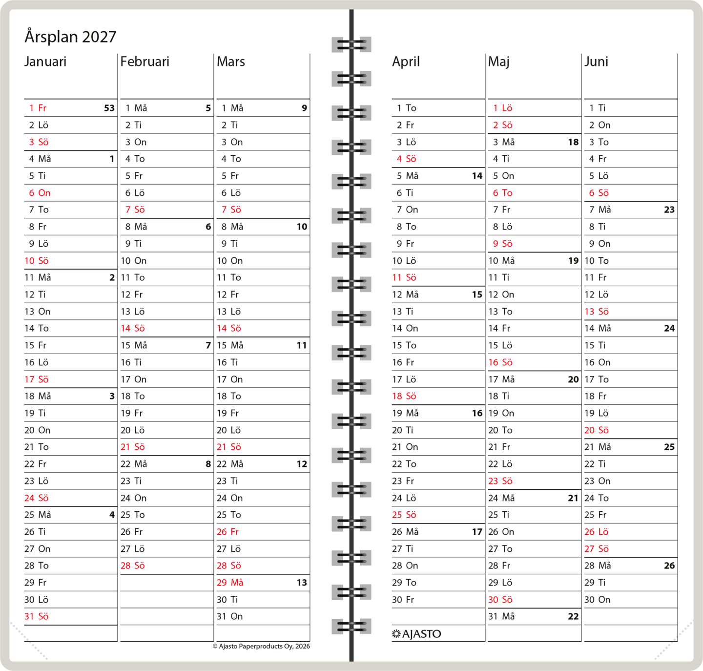 Ajasto Agenda svenskspråkig taskukalenteri 2027, silver