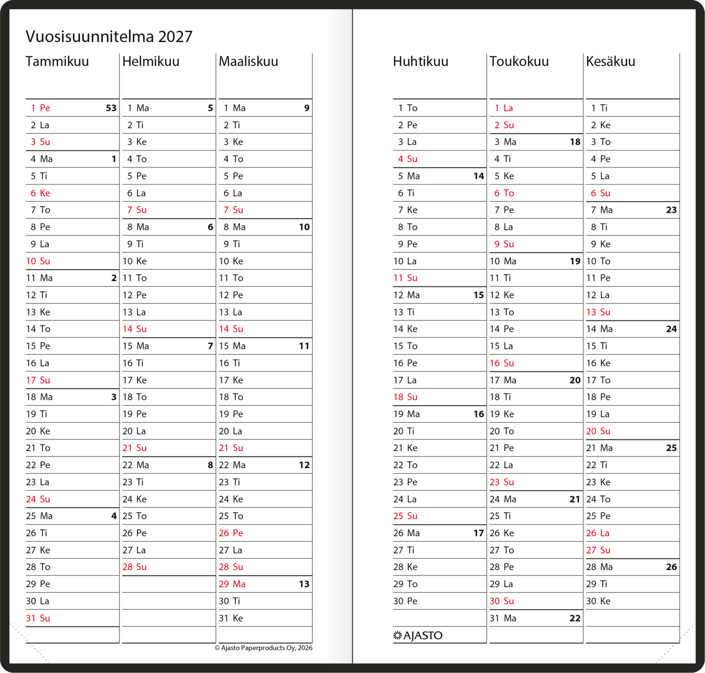 Ajasto Futura 7 taskukalenteri 2027, musta