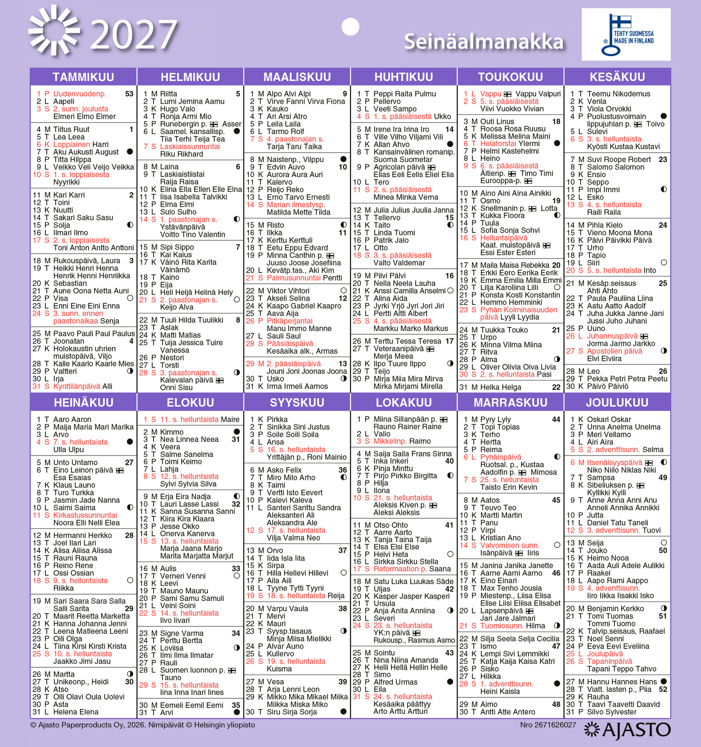 Ajasto seinäalmanakka/Väggalmanackan 2027