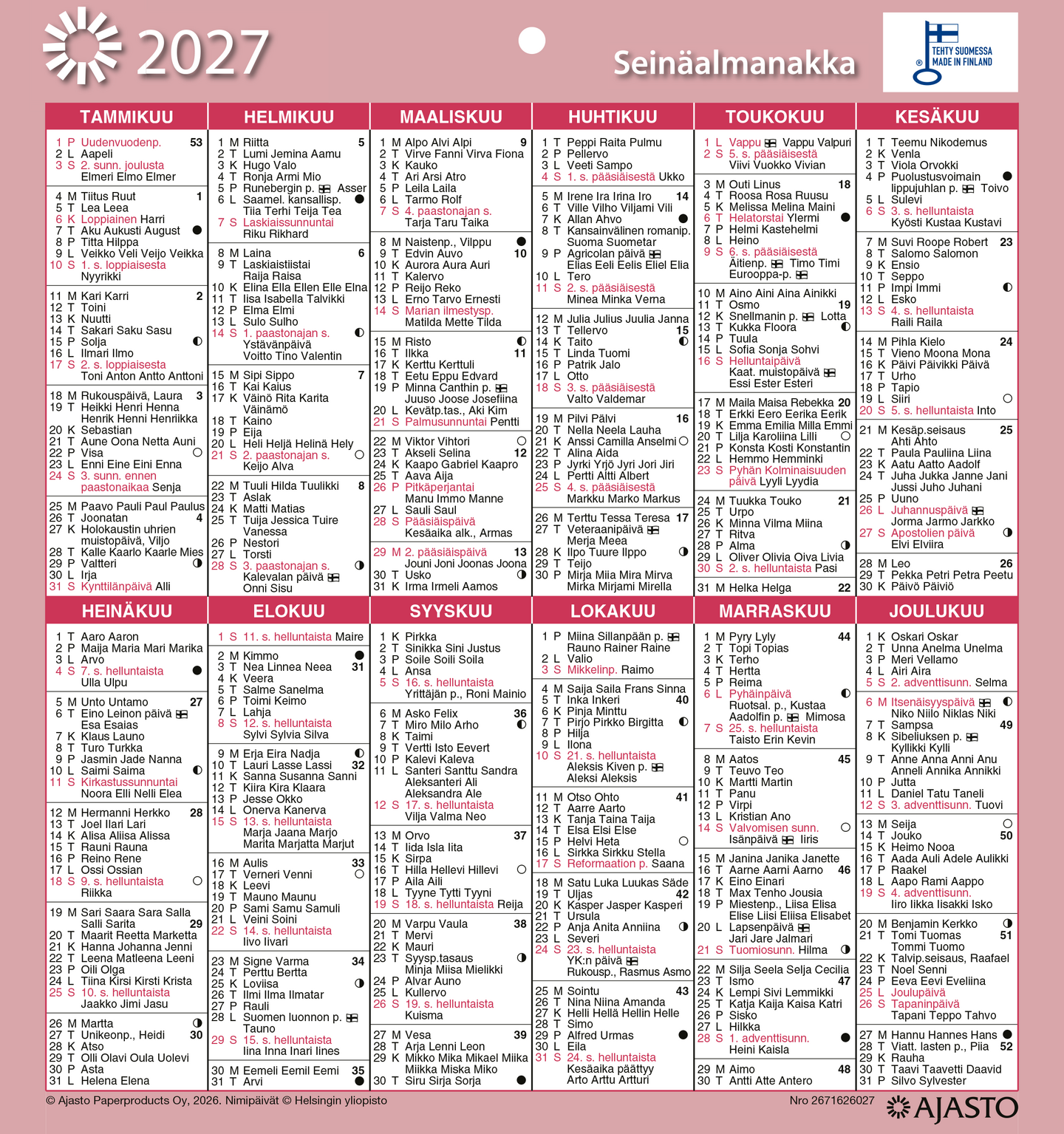 Ajasto seinäalmanakka/Väggalmanackan 2027