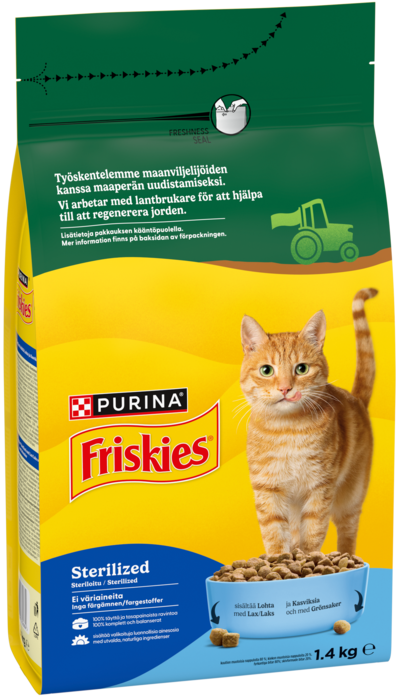 Purina Friskies Sterilized Adult kuiva kissanruoka sisältää lohta ja kasviksia 1,4kg