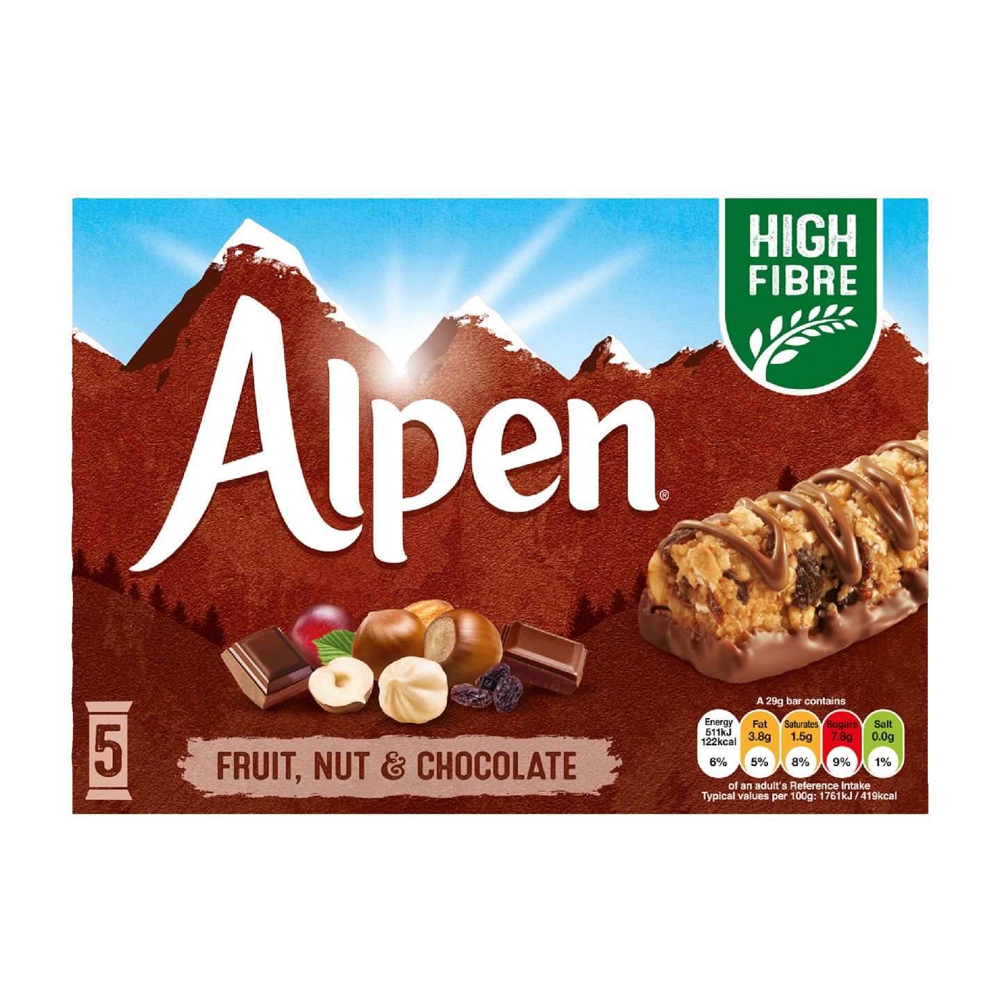 Alpen Fruit & Nut with Milk Chocolate myslipatukka 5x29 g