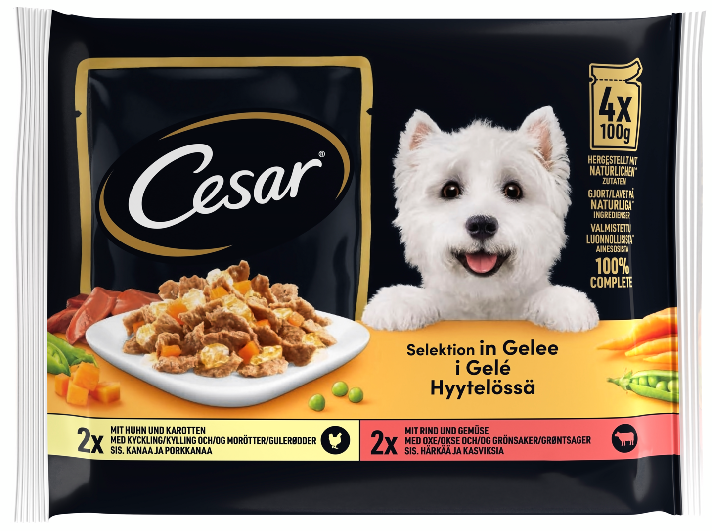 Cesar hyytelölajitelma 4x100g Kanaa & Porkkanaa, Häränlihaa & Kasviksia