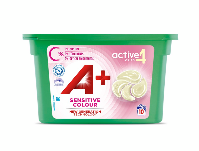 A+ Caps Active4 nestemäinen pyykinpesutabletti 10kpl Sensitive Color