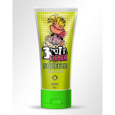 Satatukku Brain Licker Squeeze 80 g, Flytande konfekt med hallon, äppel och körsbärs smak.