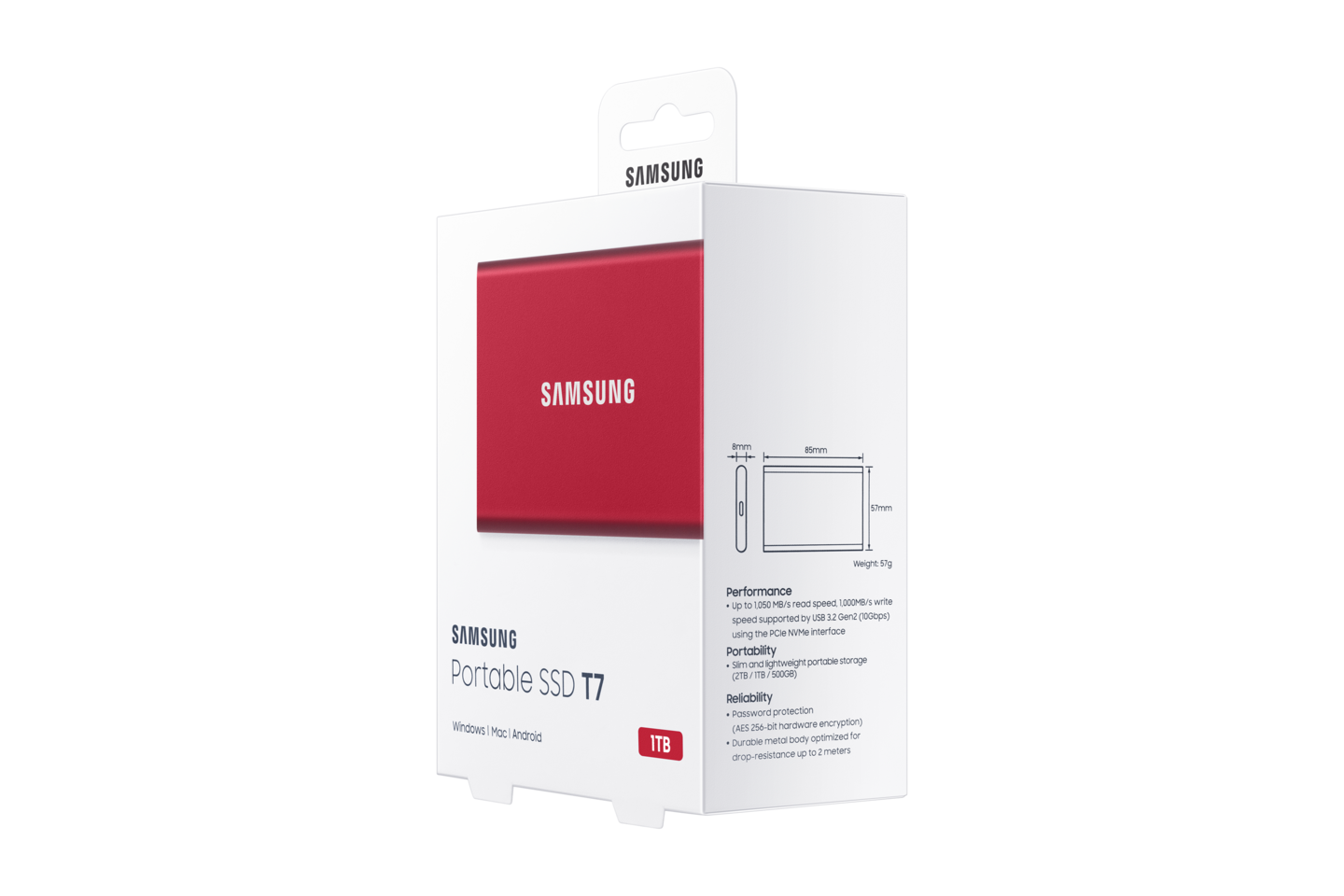 Samsung T7 1 Tt -SSD-levy, punainen