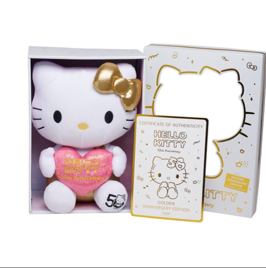 Hello Kitty 50-vuotisjuhlapehmo, 30 cm, Golden edition lahjapakkaus