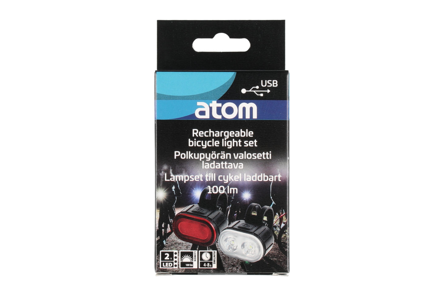 Atom polkupyörän valosetti ladattava ovaali 100lm