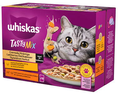 Whiskas 1+ Tasty Mix Täyteläiset herkut kastikkeessa 12x85g