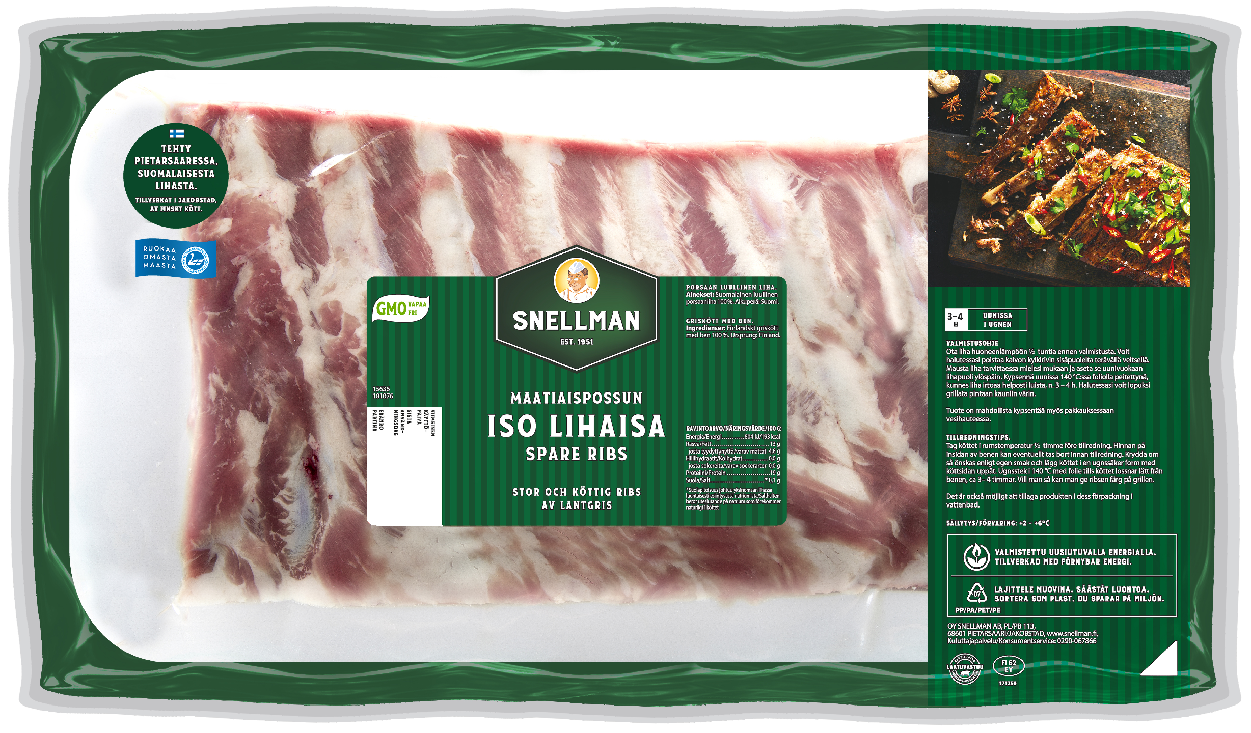 Snellman Maatiaispossun iso lihaisa spare ribs n800g — HoReCa-tukku Kespro