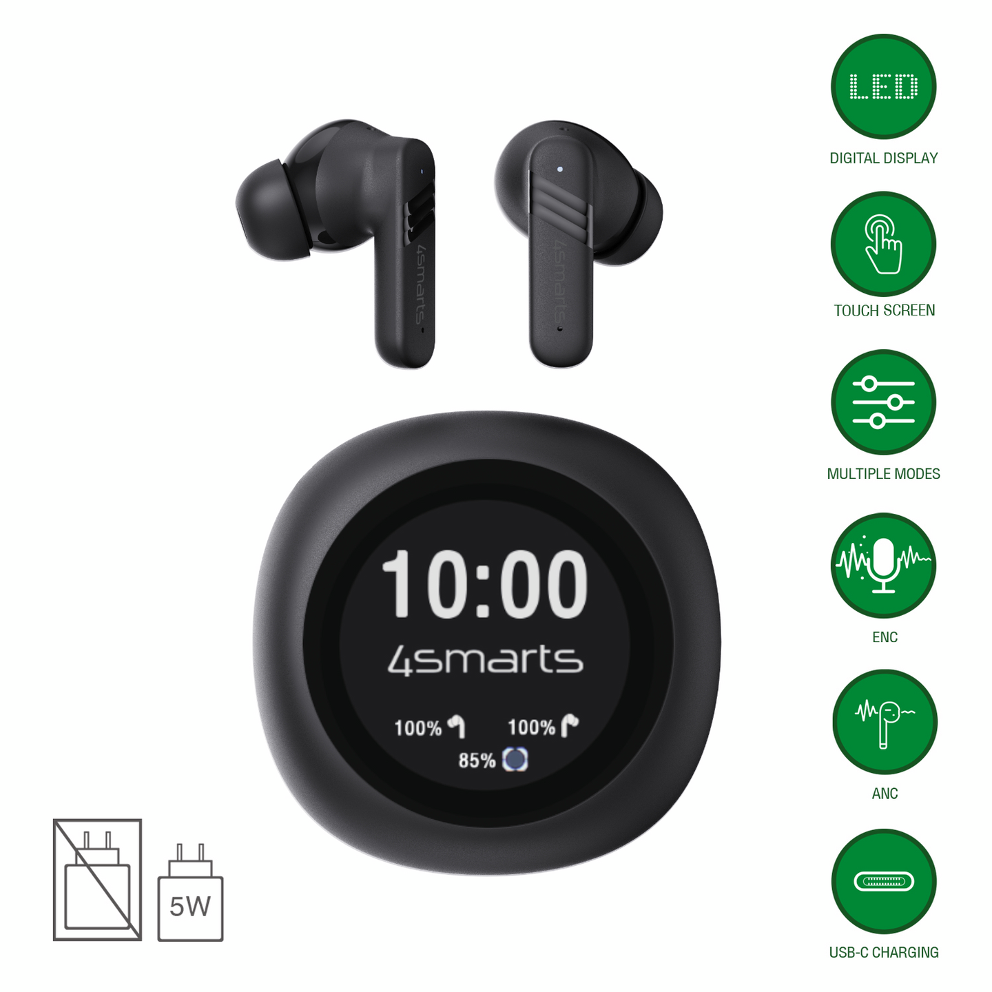4smarts SkyBuds Screen Pro ANC -langattomat vastamelunappikuulokkeet, musta