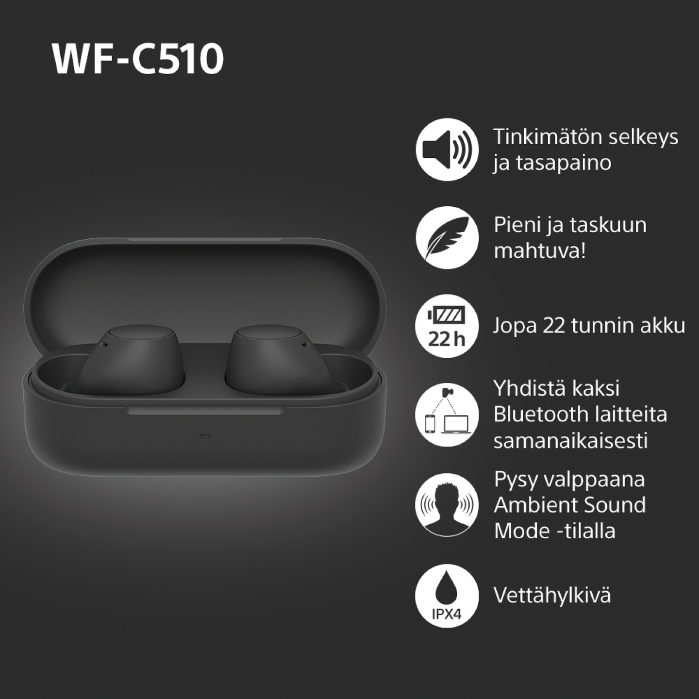 Sony WF-C510 -langattomat nappikuulokkeet, musta