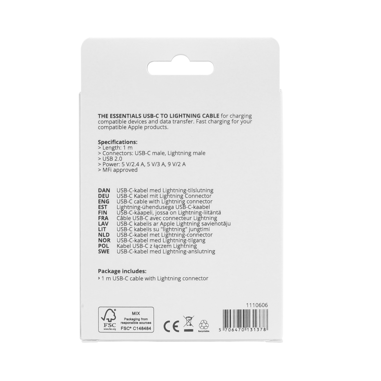 Essentials USB-C - Lightning-kaapeli, 1 m, musta