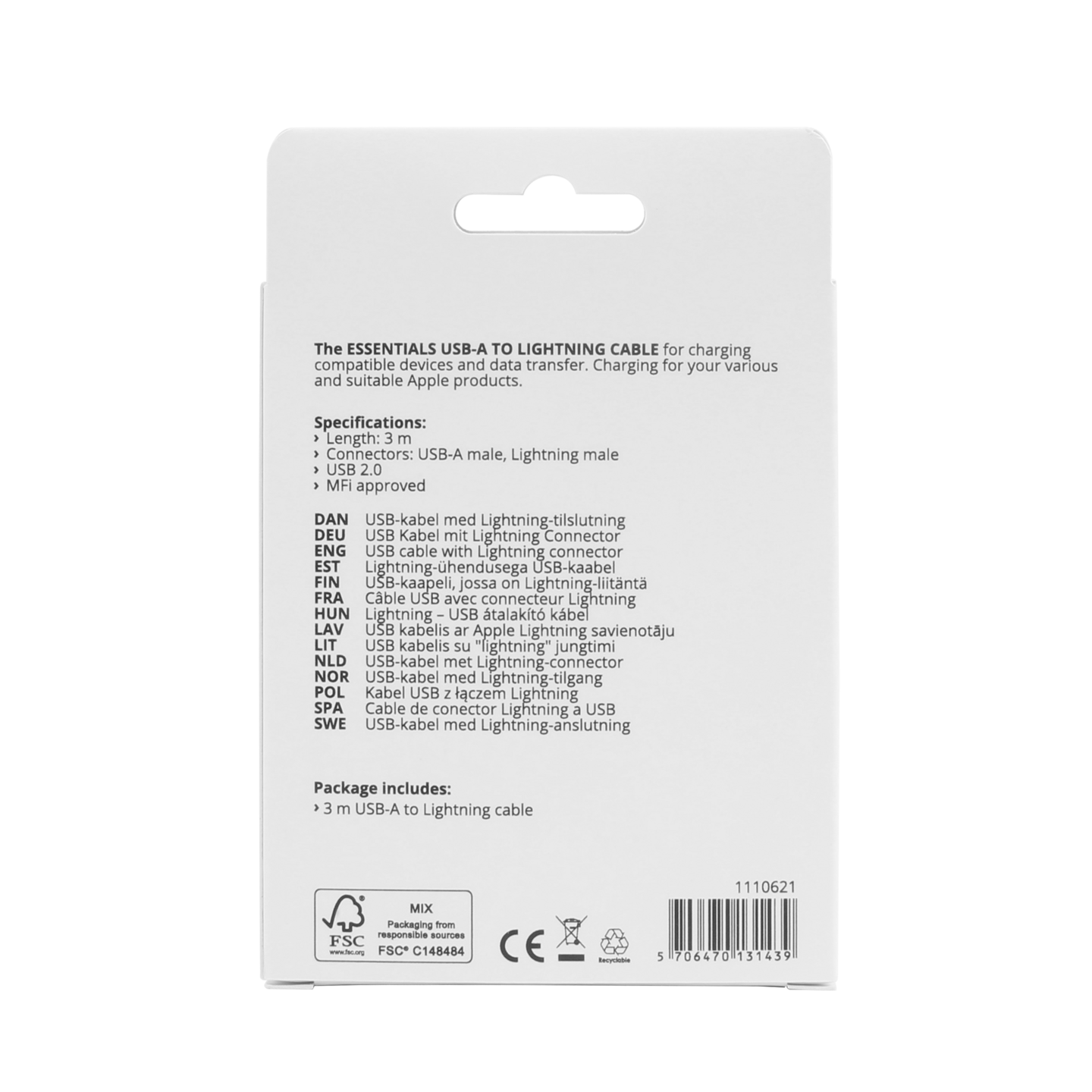 Essentials USB-A - Lightning -kaapeli, 3 m