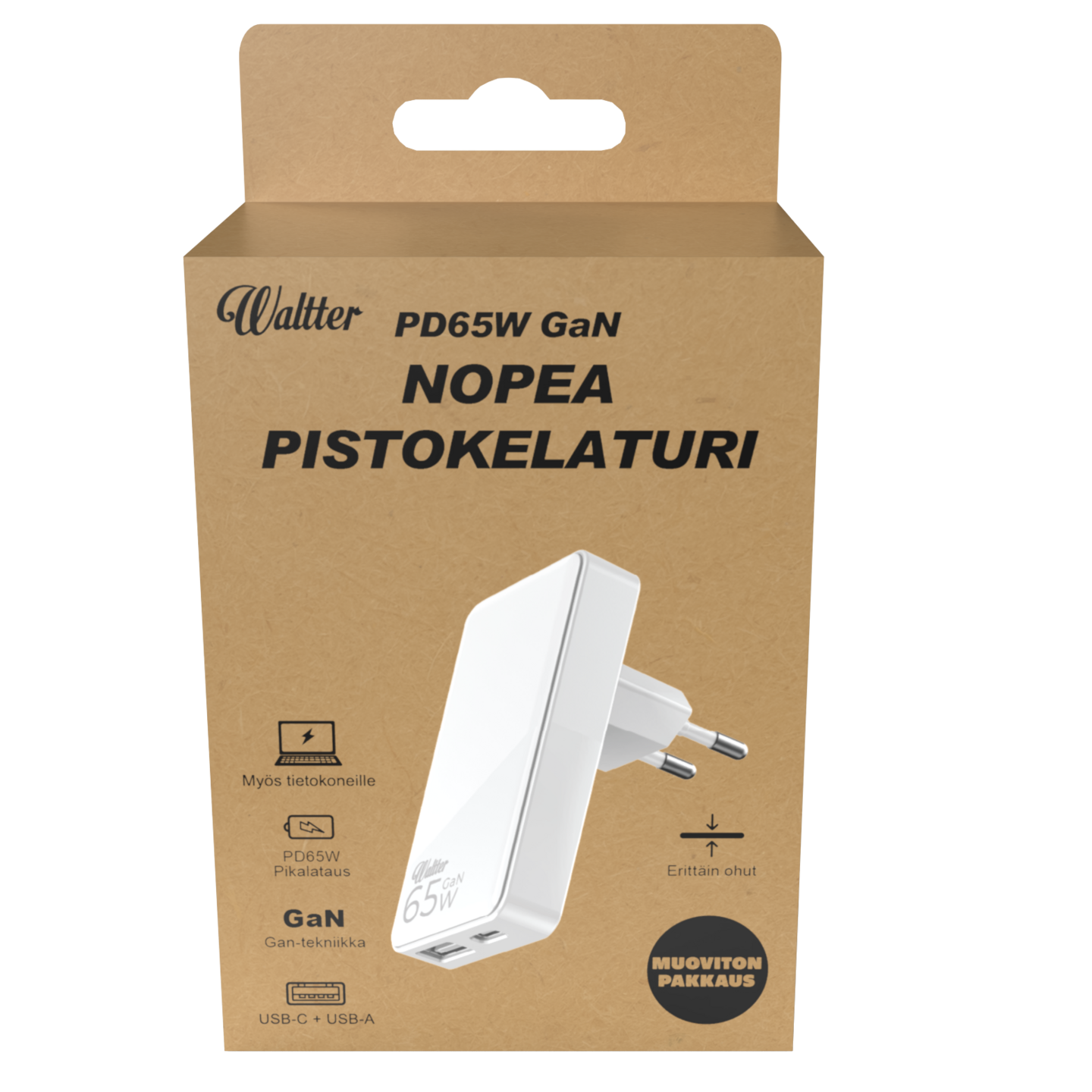 Waltter ECO 65 W GaN USB-A + USB-C PD -seinälaturi