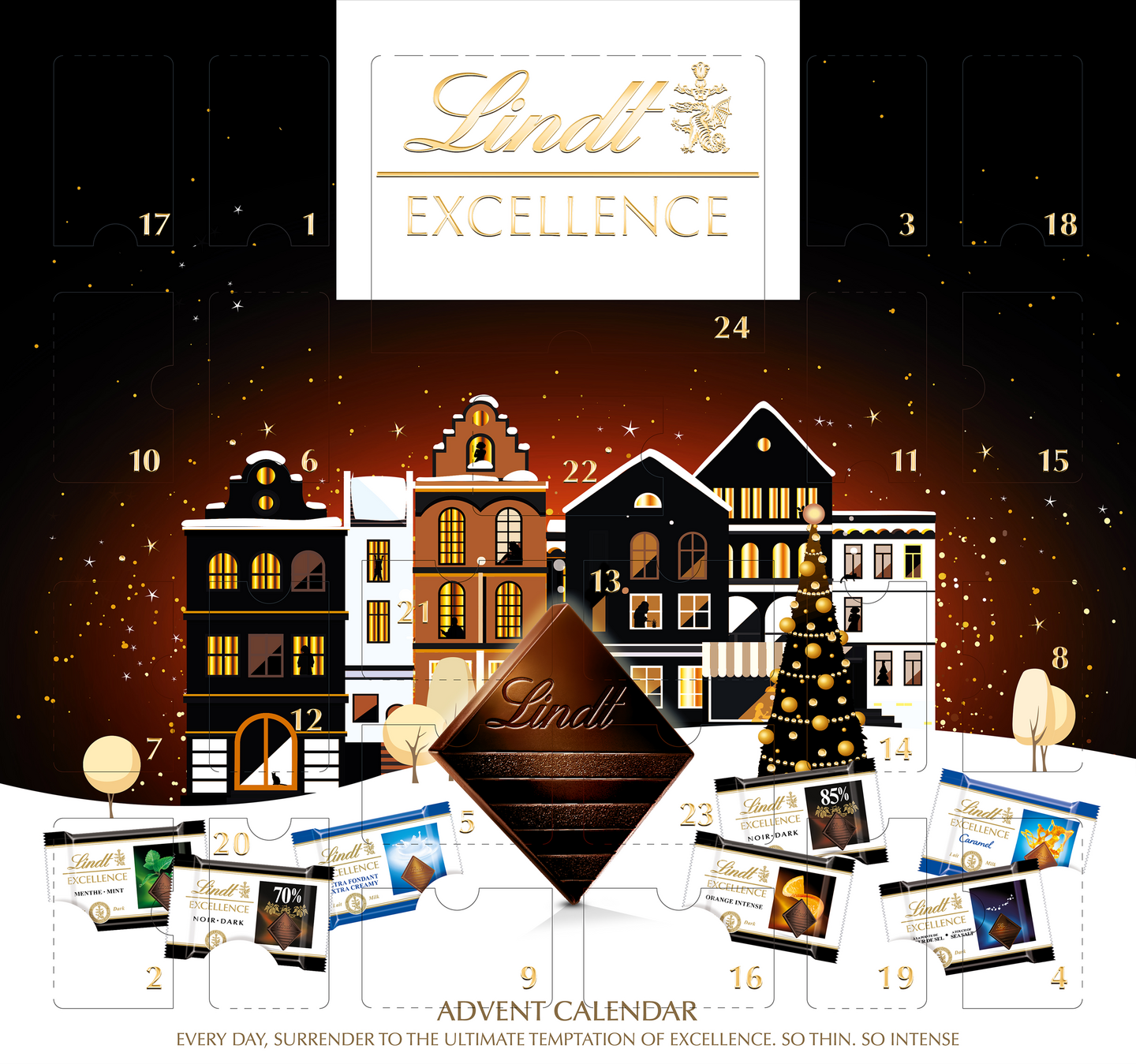 Lindt EXCELLENCE maito- ja tummasuklaa joulukalenteri 148g